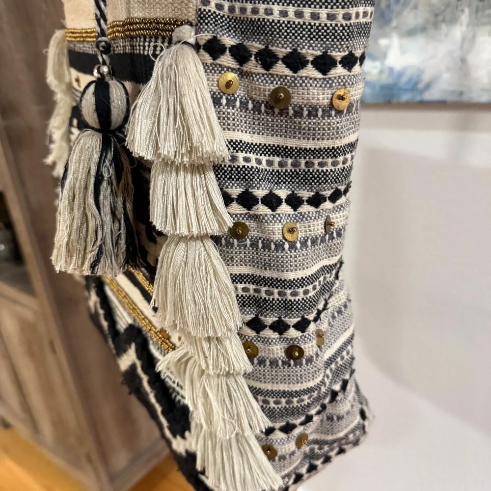 Steve Madden black and white and gold Raine boho Tote woven tassel sequin